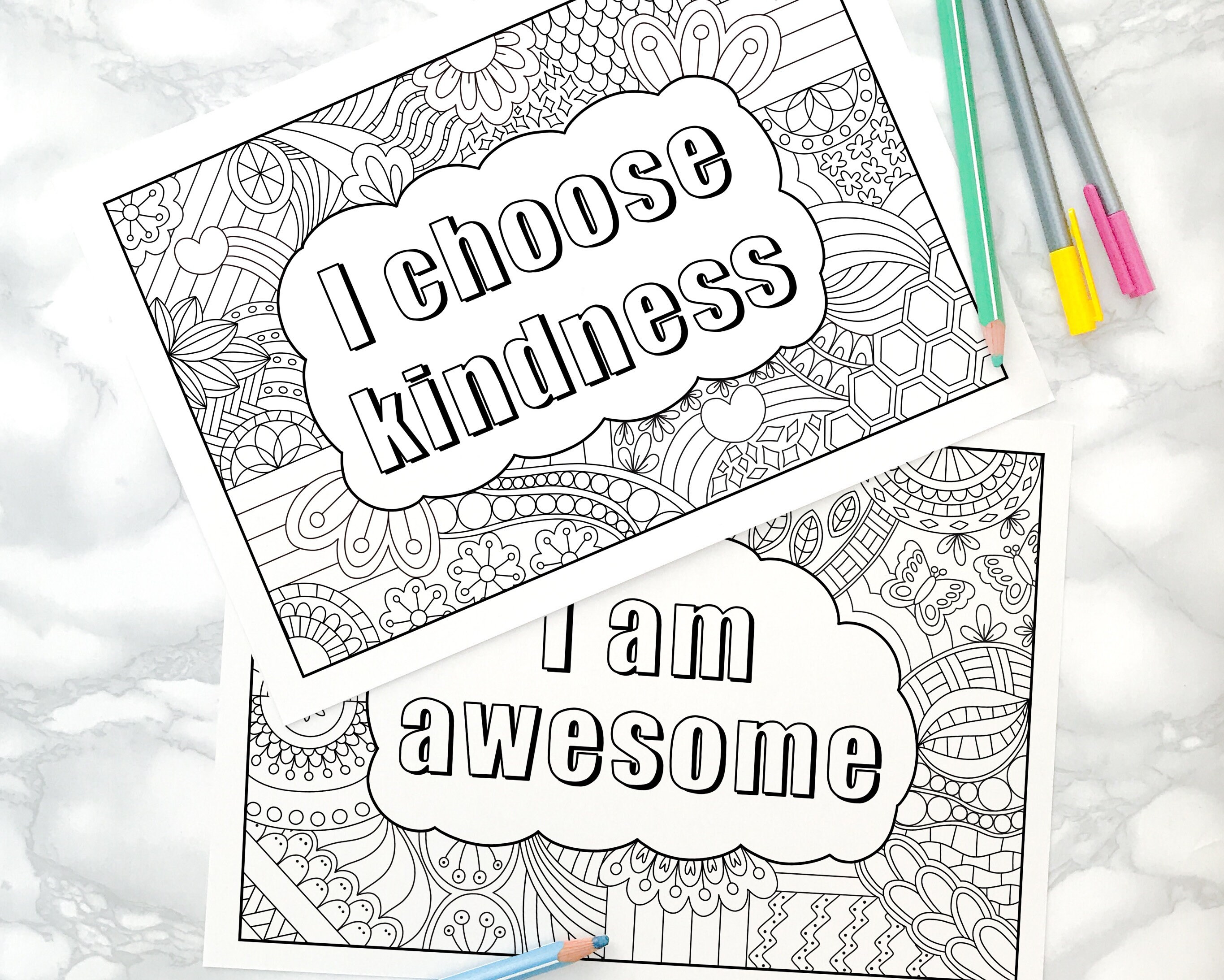 Zentangle affirmation kindness and awesome coloring pages bundled coloring pages printable pdf instant download zendoodle instant download