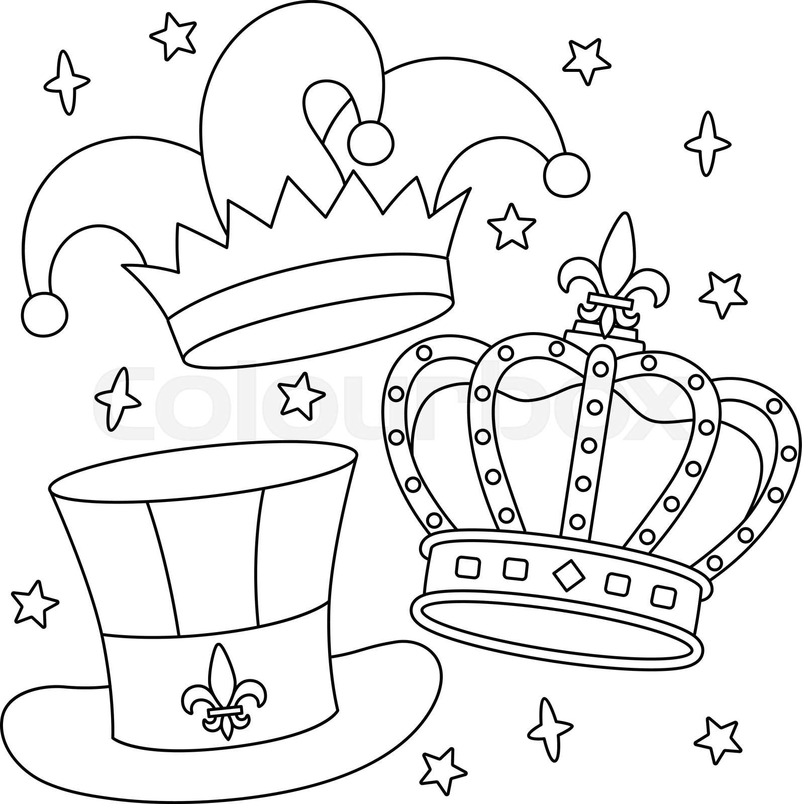 Mardi gras king crown and jester hat coloring page stock vector