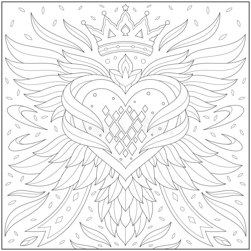 Fantasy winged heart and king crown adult and kid coloring page stock vector