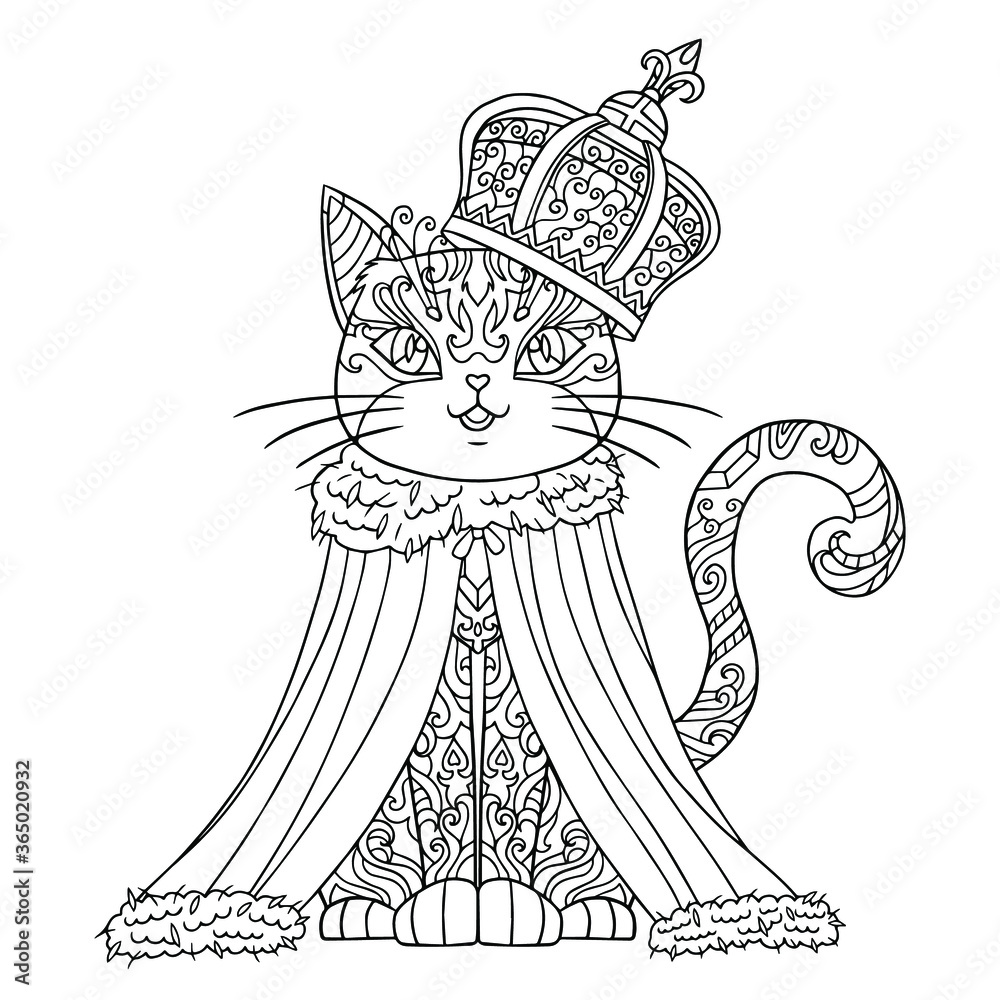 King cat with monarch crown coloring book page for adults cat lover kitten prince vector illustration with doodle pattern zentangle elements hand drawn line art isolated on white vector