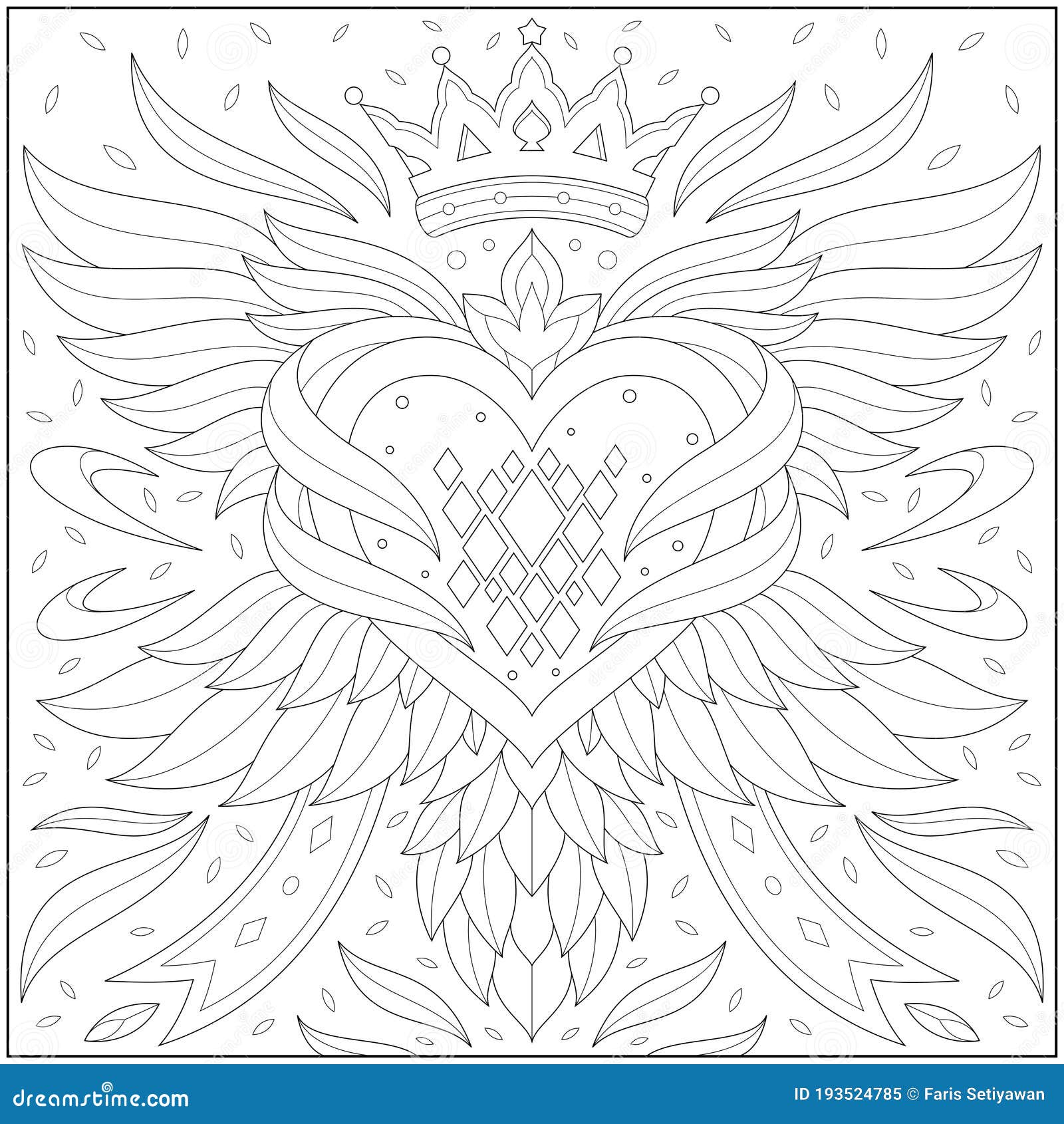 Fantasy winged heart and king crown adult and kid coloring page stock vector