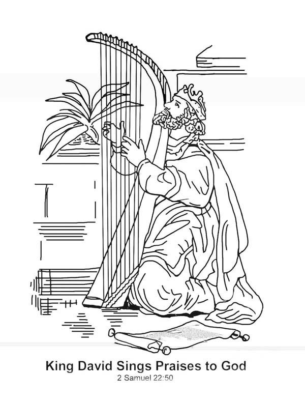 King david sings praises to god in the story of king saul coloring page