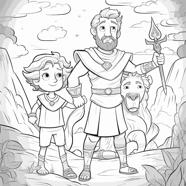 Premium vector vector kids adorable coloring cartoon page bible story book david and goliath in simple lines