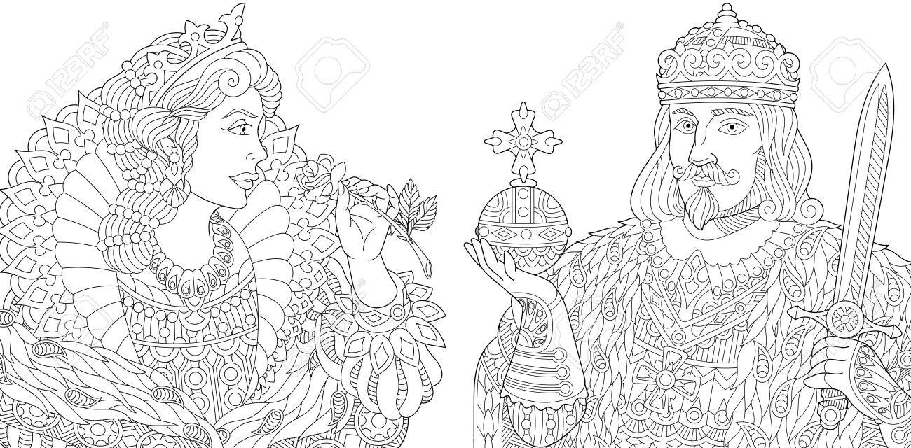 Stylized king prince with scepter and sword young queen princess holding a rose freehand sketch for adult anti stress coloring book page with doodle and zentangle elements royalty free svg cliparts vectors