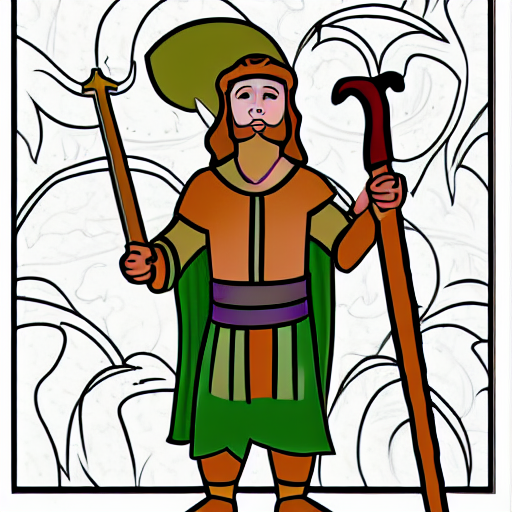 Coloring book sheet of a man in biblical clothing holding a sword