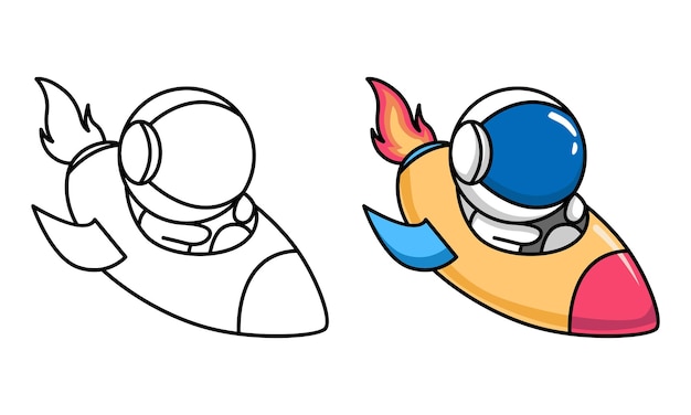 Premium vector cute astronaut riding spaceship coloring page for kids