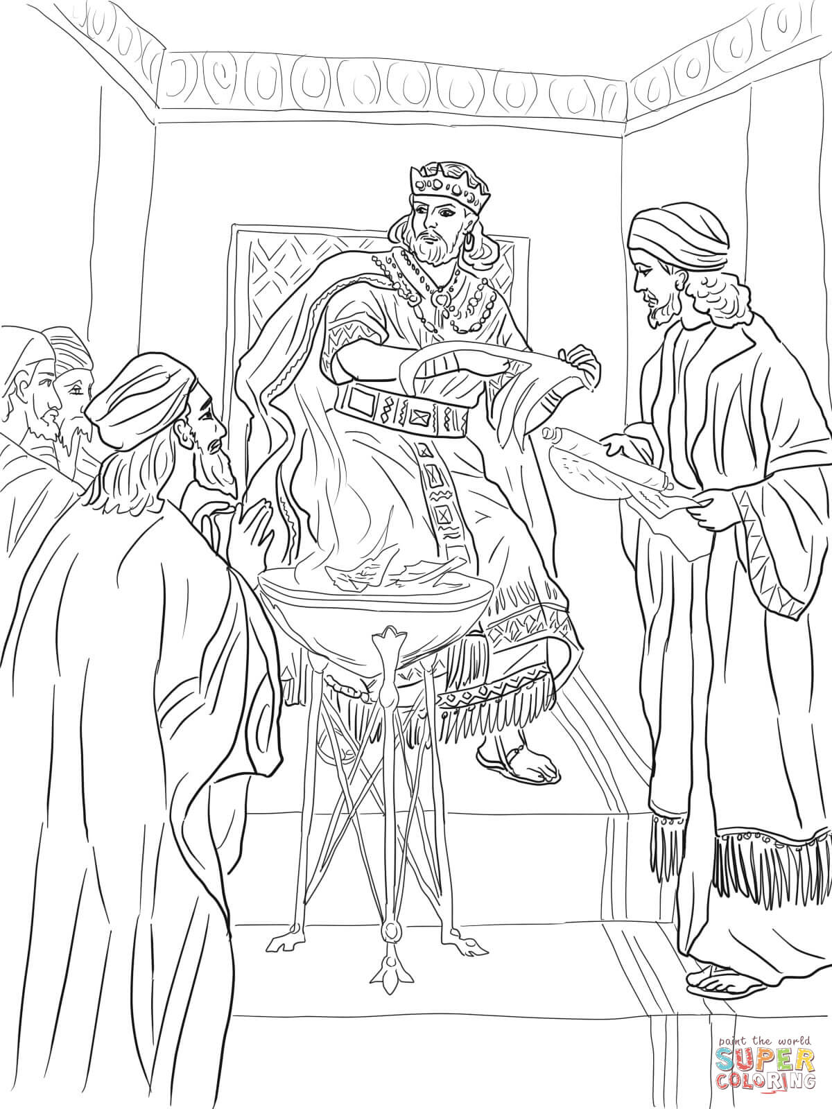 King jehoiakim burns jeremiahs scroll coloring page free printable coloring pages