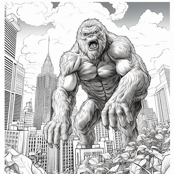 Greyscale king kong printable coloring page printable adult coloring pagedownload greyscale gorilla illustration png