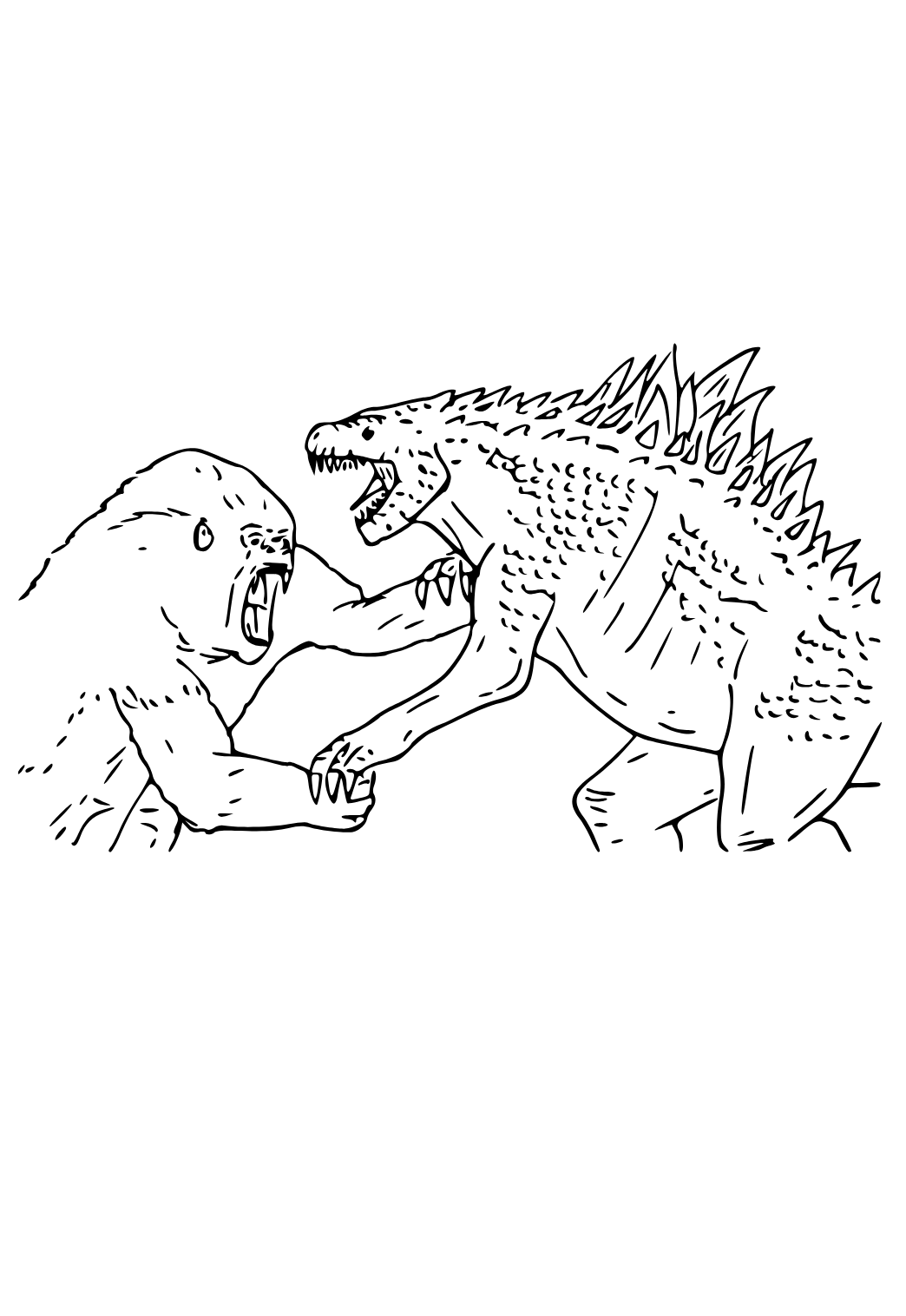 Free printable godzilla vs kong fight coloring page for adults and kids