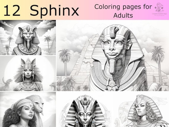 Greyscale egyptian sphinx printable coloring book printable adult coloring pagesdownload greyscale illustration png