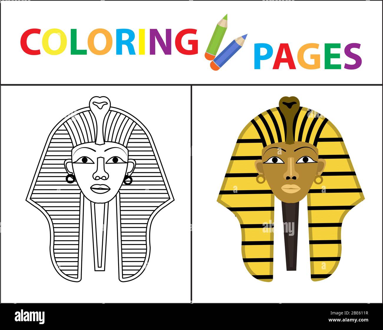 Coloring book page pharaoh sketch outline and color version coloring for kids childrens education illustration stock photo