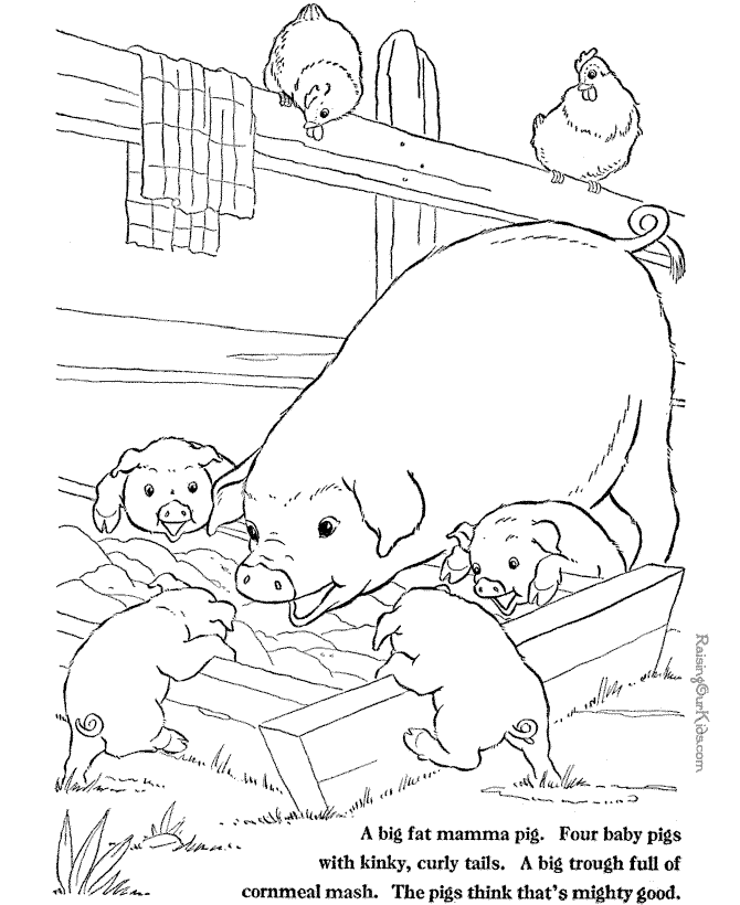 Farm coloring page mamma and little pigs