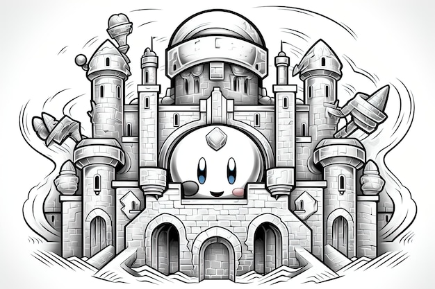 Premium vector simple coloring book page of kirby at mario castle