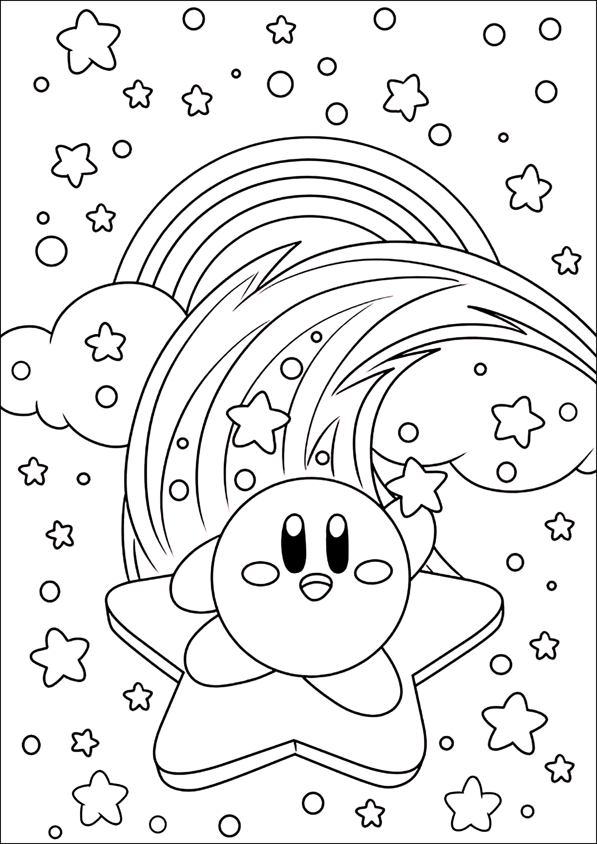 Kirby on a star in the sky with clouds and rainbow