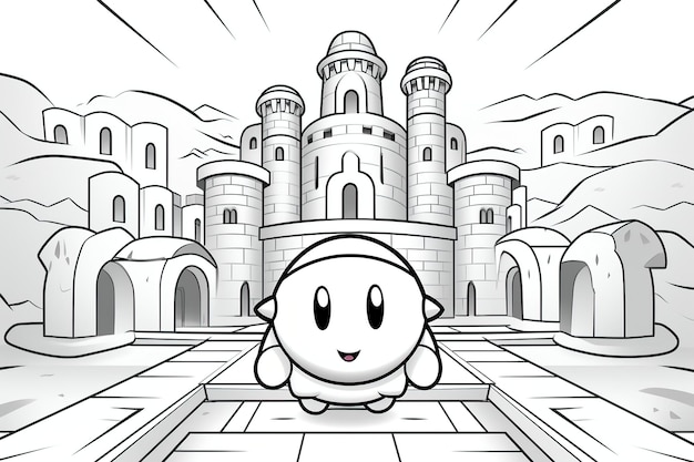 Premium vector simple coloring book page of kirby at mario castle