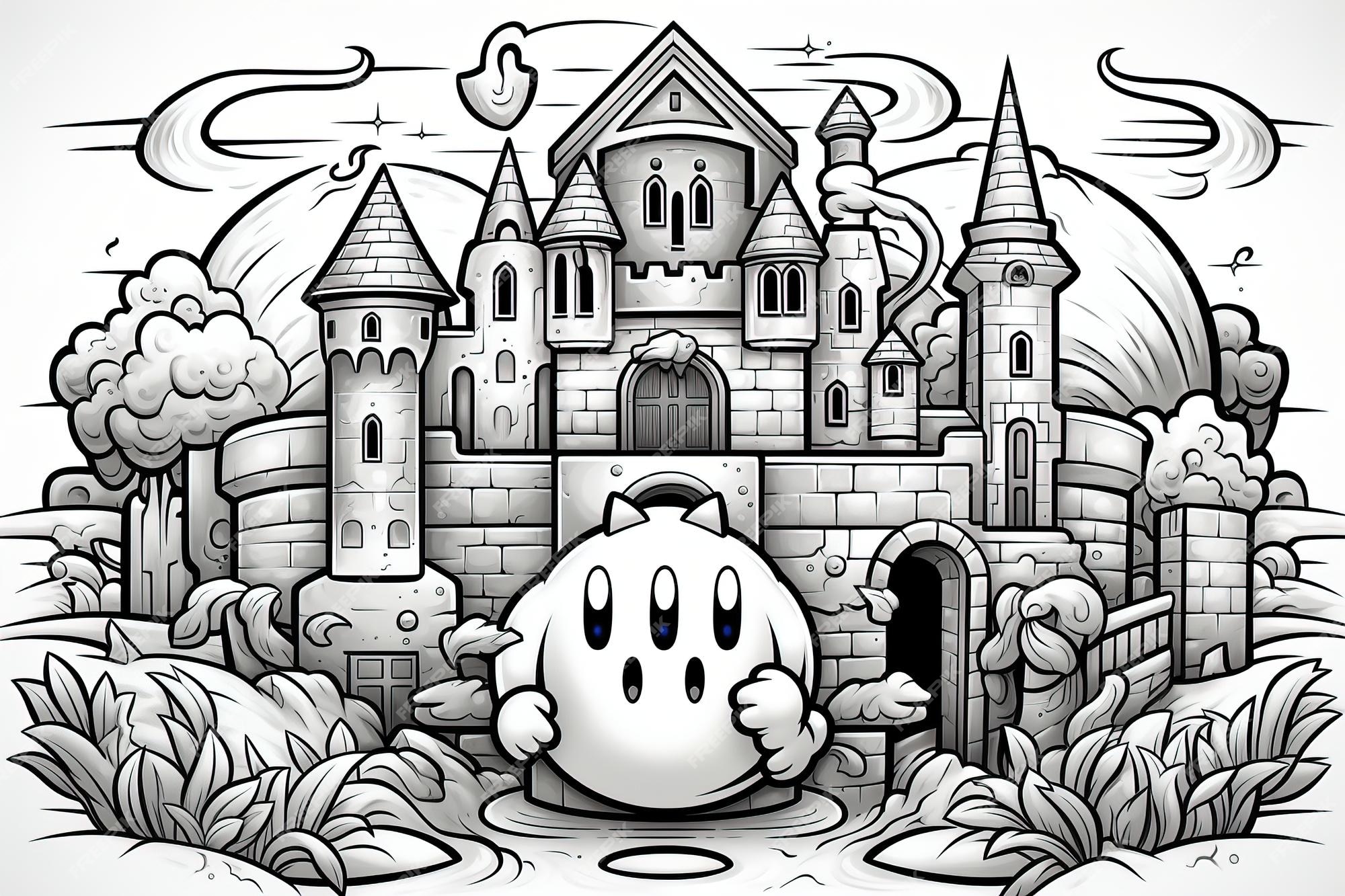 Premium vector simple coloring book page of kirby at mario castle