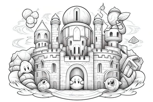 Premium vector simple coloring book page of kirby at mario castle