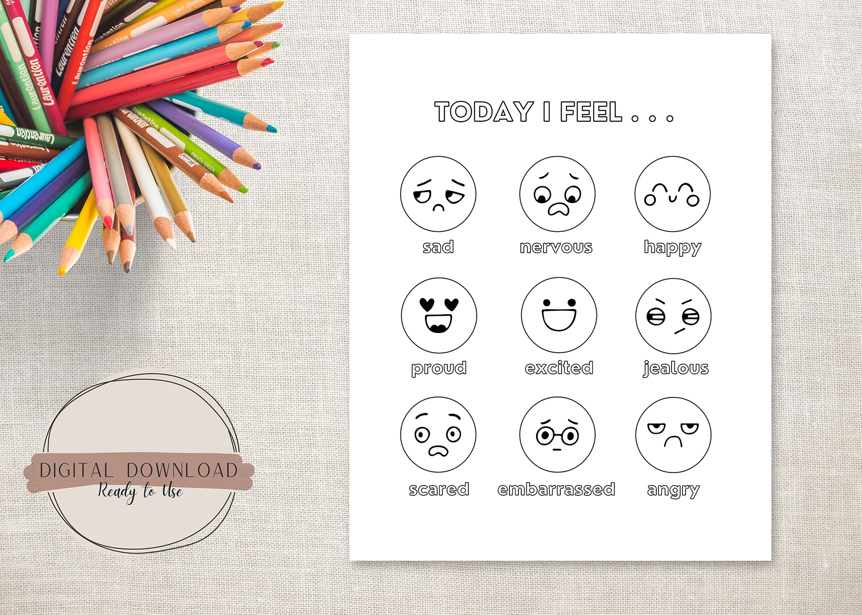 Today i feel coloring page emotions activity emotions chart feelings kids therapy therapist classroom psychology kids journal instant download