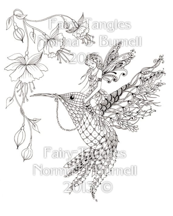 Magical ride fairy tangles printable adult coloring book pages fairies hummingbird flowers digital coloring sheets by norma j burnell