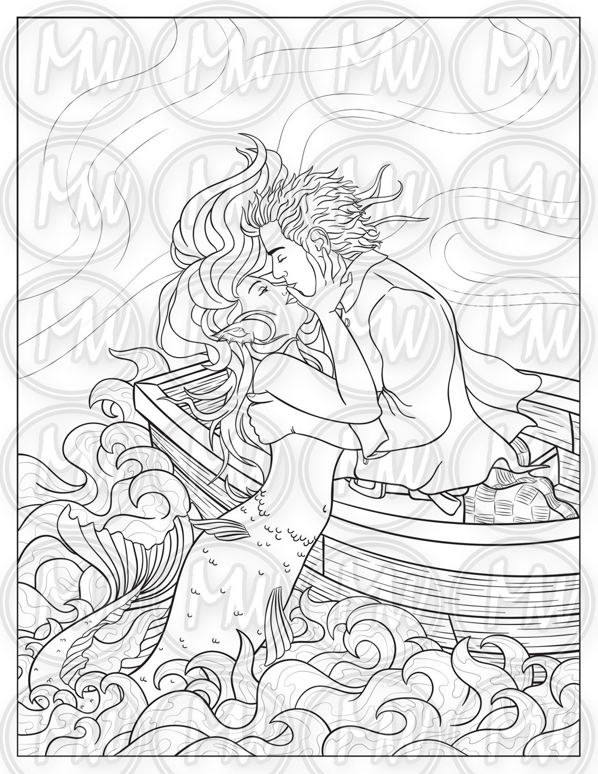 Adult coloring page mermaid kiss fantasy printable instant download