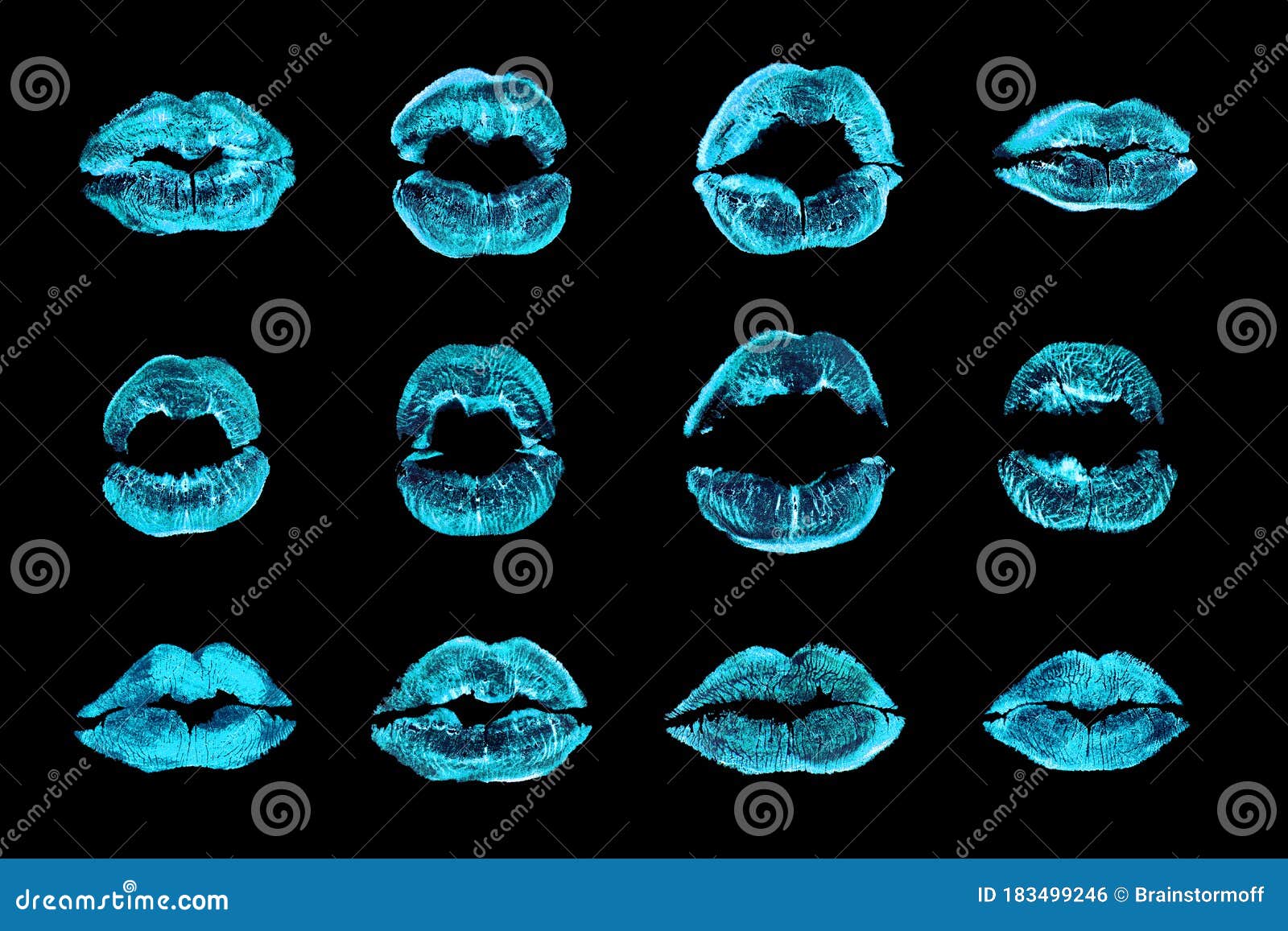 Light blue lipstick kiss print set black background isolated closeup neon blue lips makeup collection shiny female kisses stock illustration