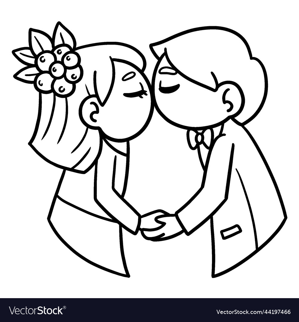 Wedding kissing couple isolated coloring page vector image