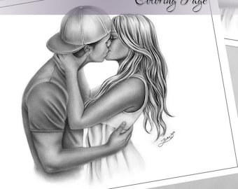 Grayscale coloring page sweet kisses boy and girl kissing valentine love couple zindy