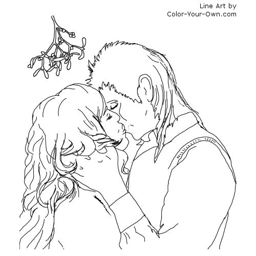 Christmas kiss under the mistletoe coloring page