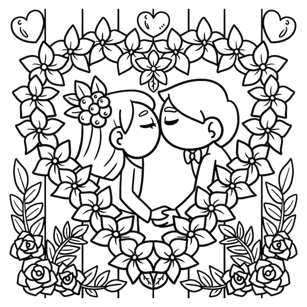 Premium vector wedding kissing couple coloring page for kids