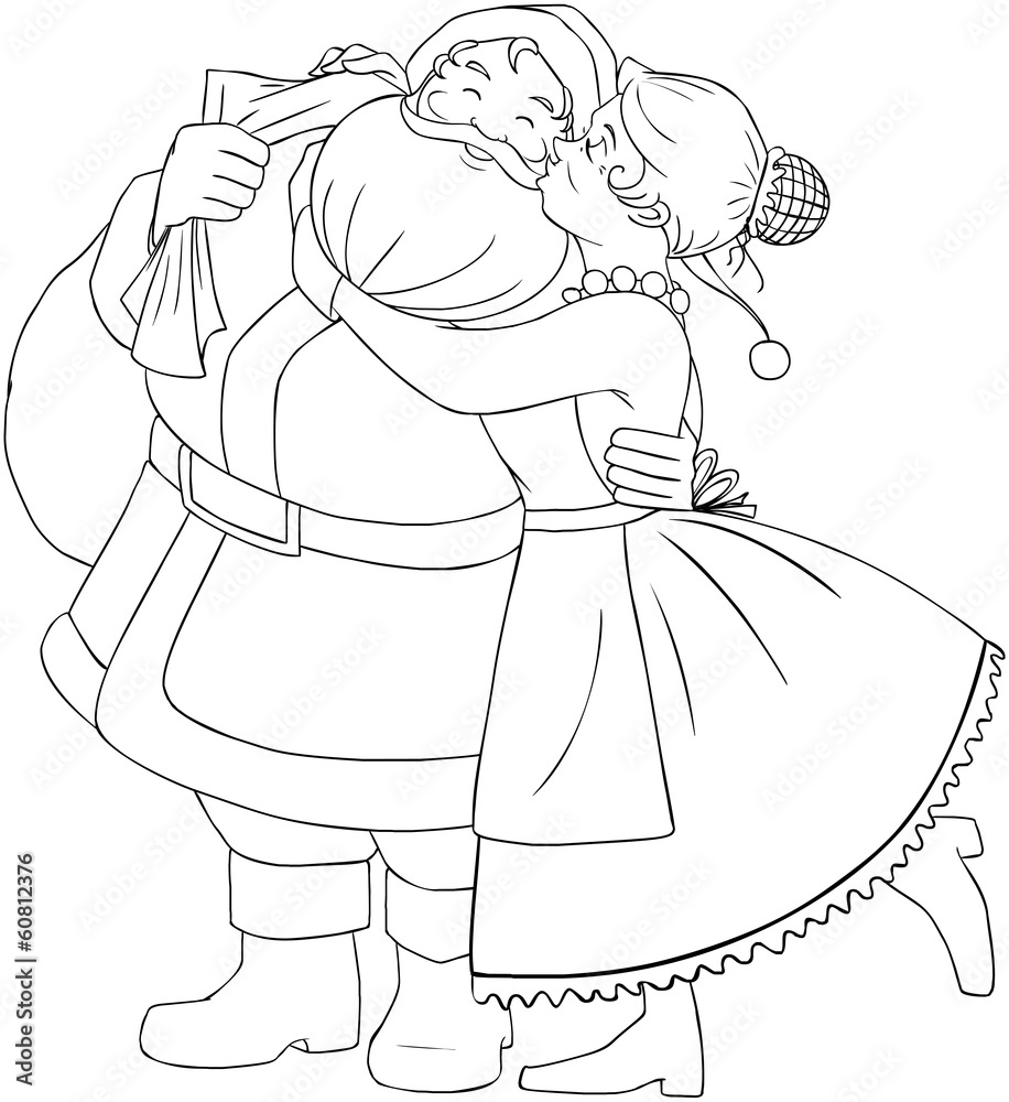 Mrs claus kisses santa on cheek and hugs coloring page vector