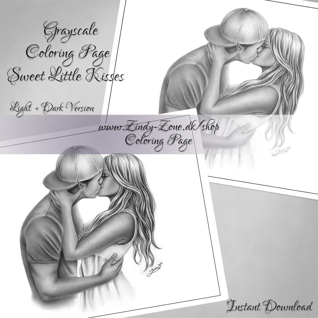 Grayscale coloring page sweet kisses boy and girl kissing valentine love couple zindy