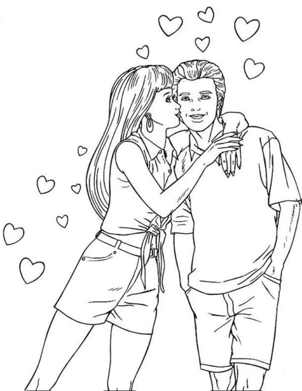 Girl kissing man in love coloring page