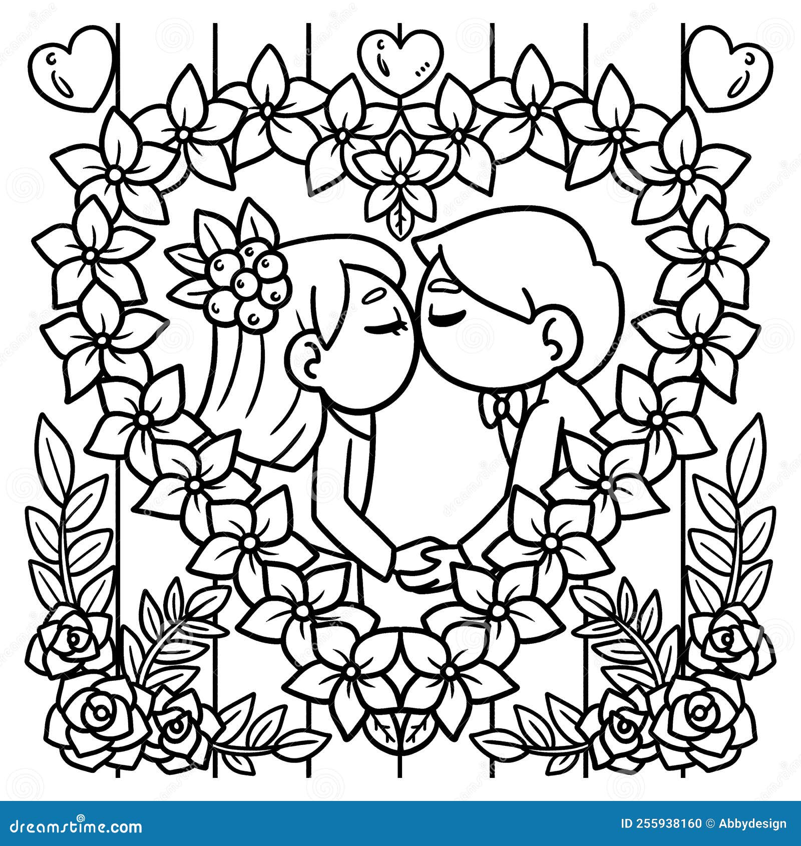 Wedding kissing couple coloring page for kids stock vector