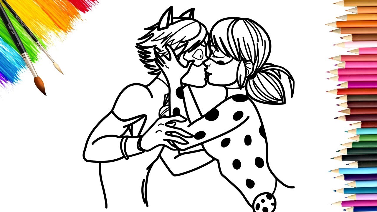 Miraculous ladybug and cat noir kissing coloring book