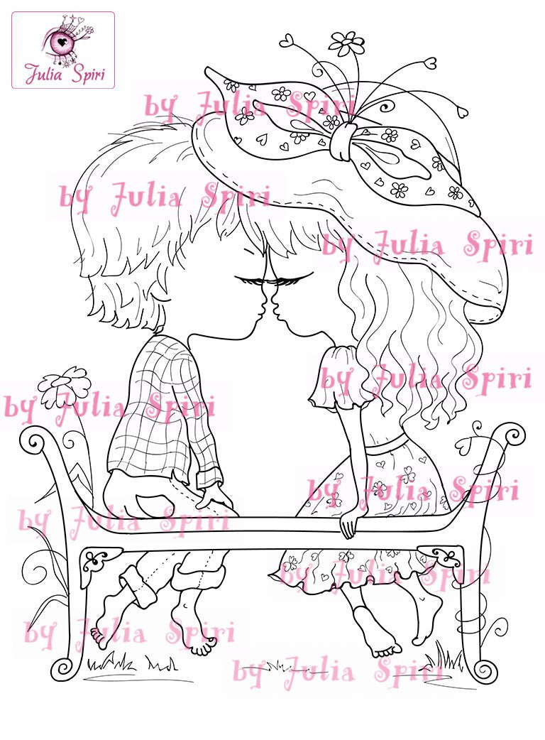 Coloring page boy and girl in love the first kiss â the art of julia spiri