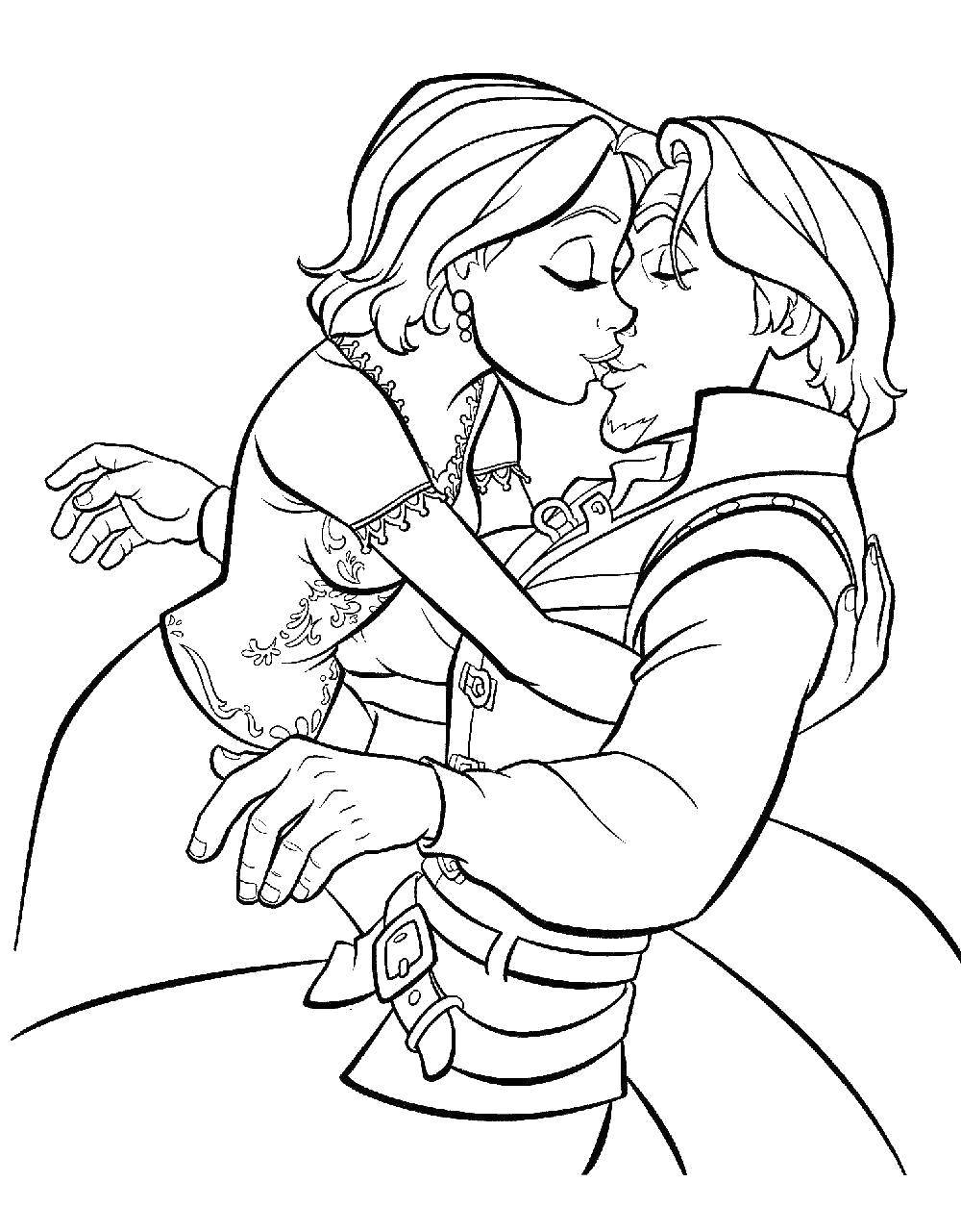 Online coloring pages and coloring rapunzel and her prince kissing