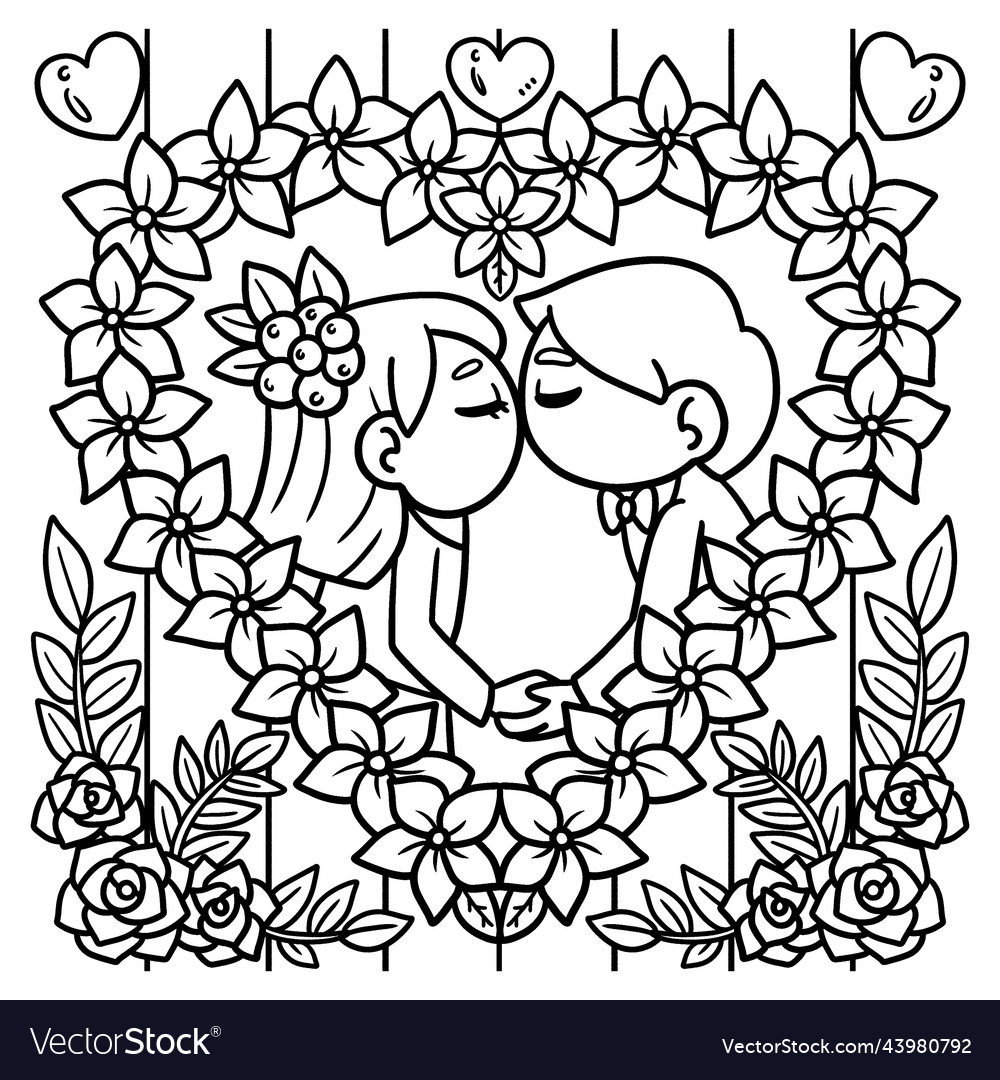 Wedding kissing couple coloring page for kids vector image