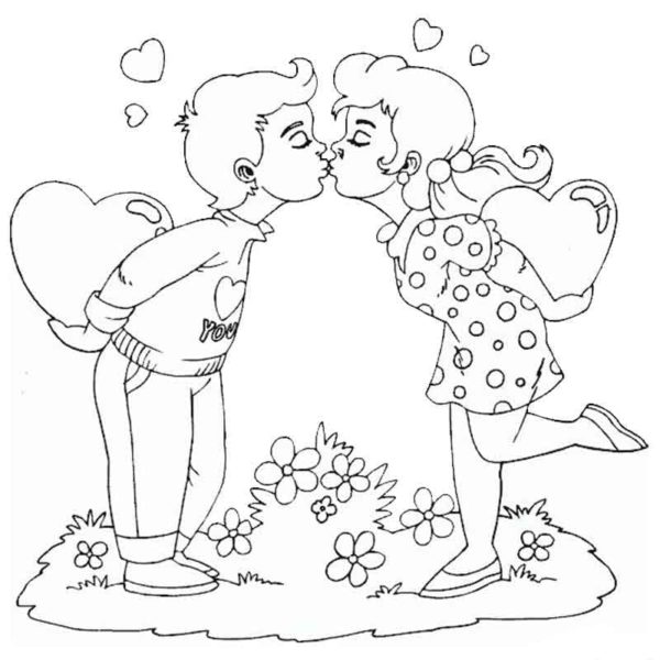 Girl kissing man in love coloring page