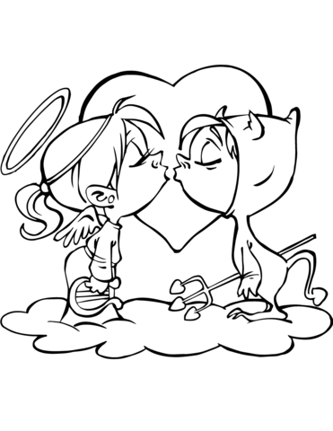 Angel and devil kissing coloring page free printable coloring pages