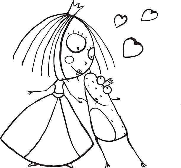 Baby princess and prince frog kissing coloring page stock illustration