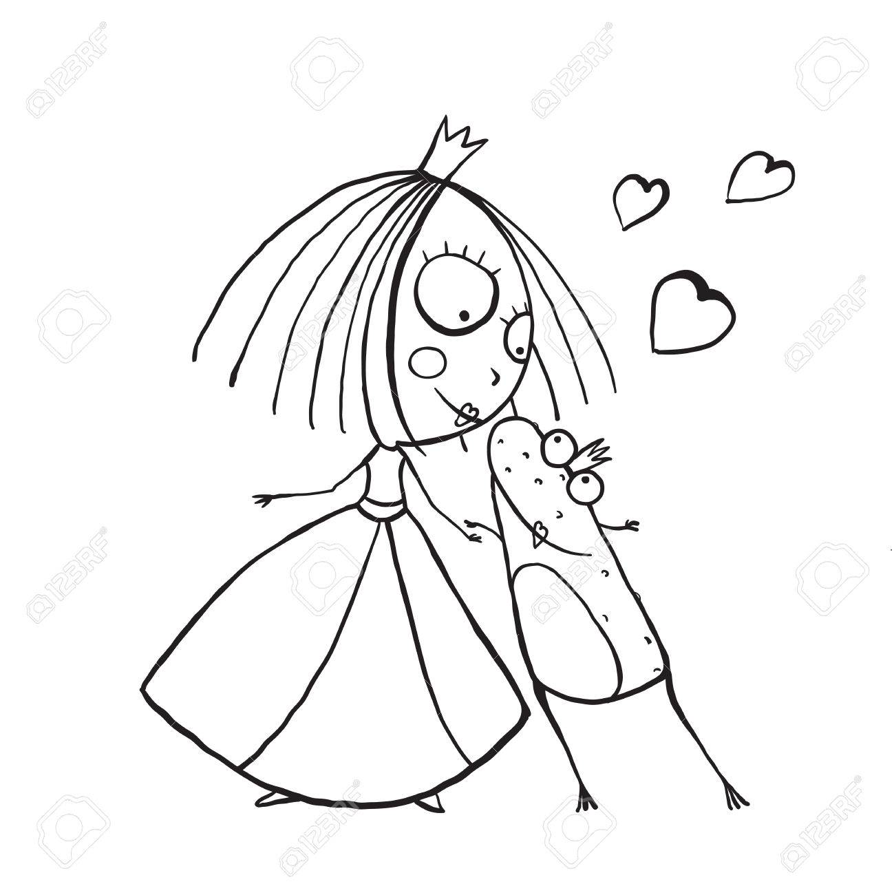 Baby princess and prince frog kissing coloring page kids love story cute and fun hand drawn outline illustration royalty free svg cliparts vectors and stock illustration image