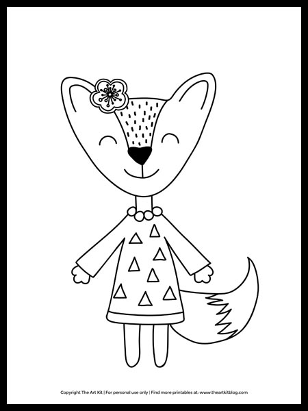 Cute girl fox with flower coloring page â free printable â the art kit