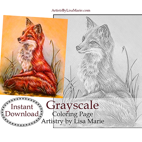 Fox on grass printable coloring book page â artistry by lisa marie