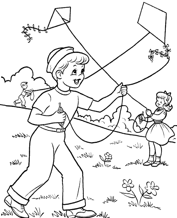 Kids with kites coloring page