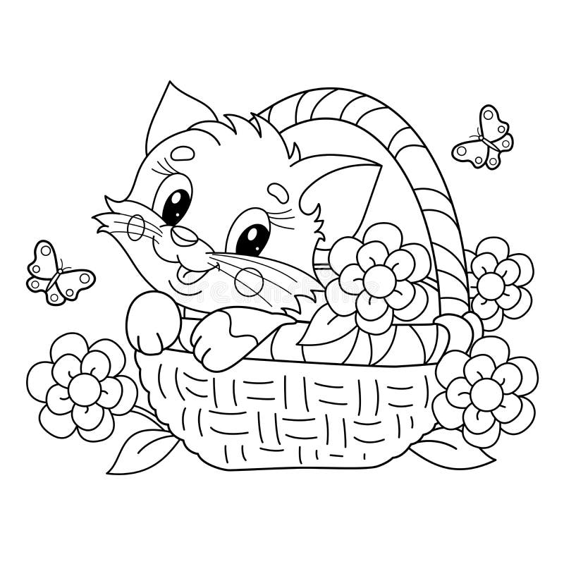 Coloring page outline of cartoon little cat in flower basket fluffy gift cute kitten pet stock vector