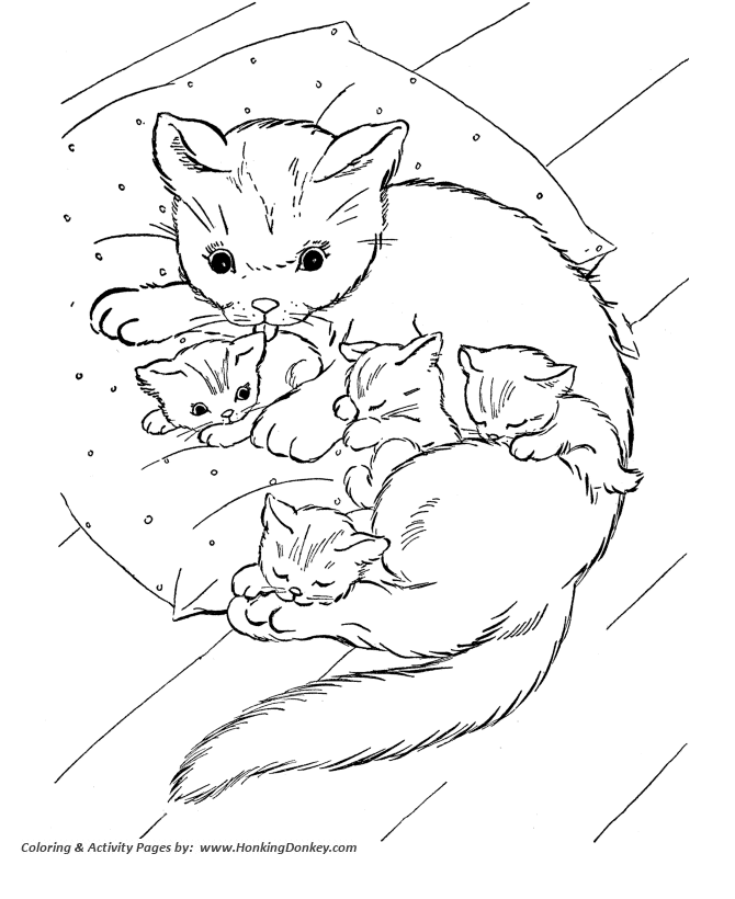 Cat coloring pages printable cat and kittens on pillow cat coloring page