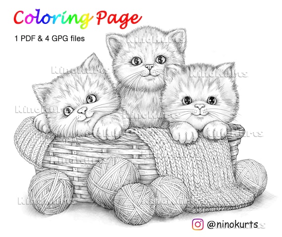 Kittens coloring page printable adult coloring pages antistress printable jpg pdf files instant download