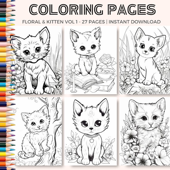 Kitten coloring pages printable pdf sheets instant download cute cats coloring sheets colouring pages printable