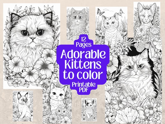 Charming kitten coloring pages cute kittens with flowers printable pdf instant digital download