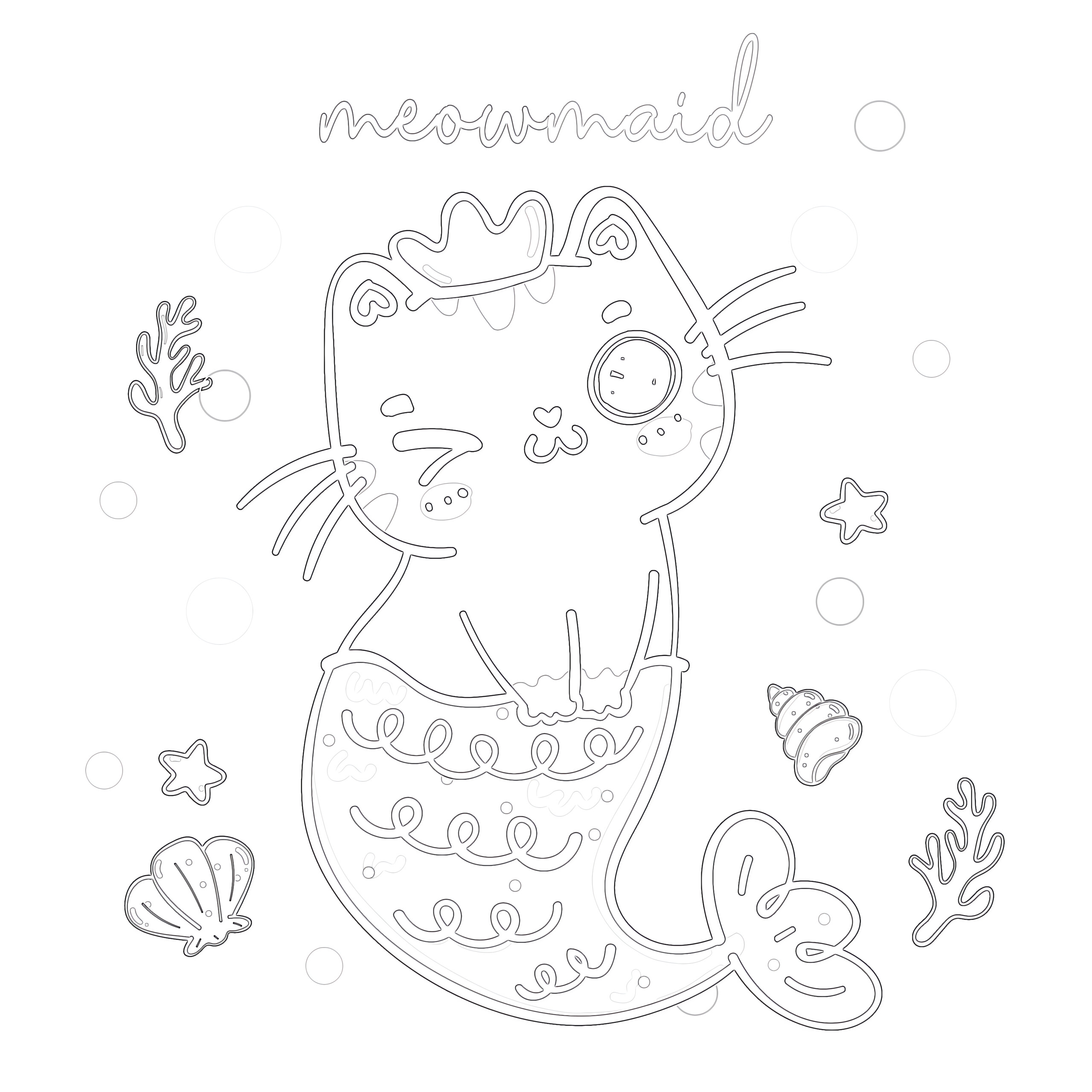 Printable rainbow mermaid kitten cat coloring page